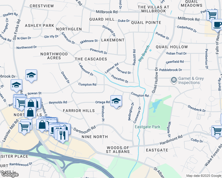 map of restaurants, bars, coffee shops, grocery stores, and more near 512 Compton Road in Raleigh