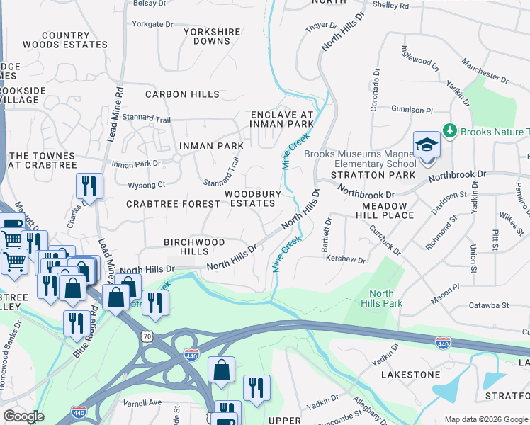 map of restaurants, bars, coffee shops, grocery stores, and more near 4500 Chesborough Road in Raleigh