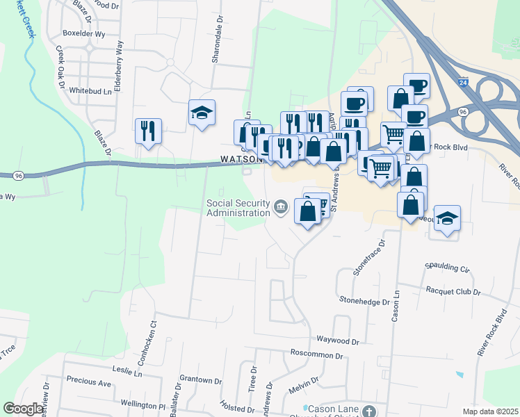 map of restaurants, bars, coffee shops, grocery stores, and more near 3504 Quaker Court in Murfreesboro