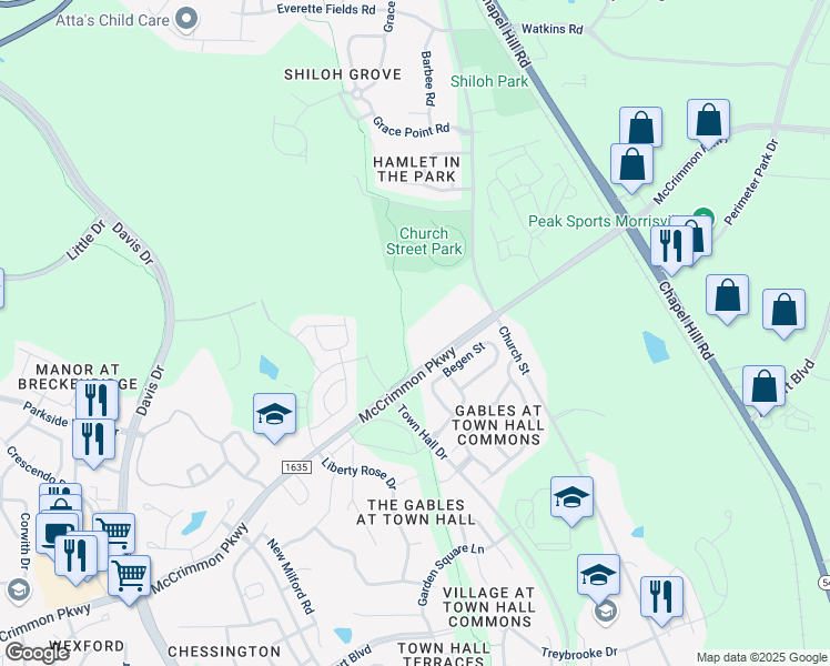 map of restaurants, bars, coffee shops, grocery stores, and more near 5860 McCrimmon Parkway in Morrisville