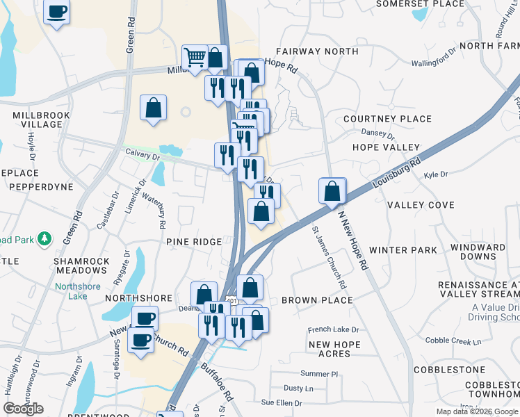 map of restaurants, bars, coffee shops, grocery stores, and more near 4400 Capital Boulevard in Raleigh