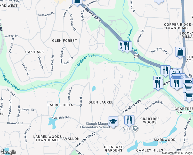 map of restaurants, bars, coffee shops, grocery stores, and more near 4308 Galax Drive in Raleigh