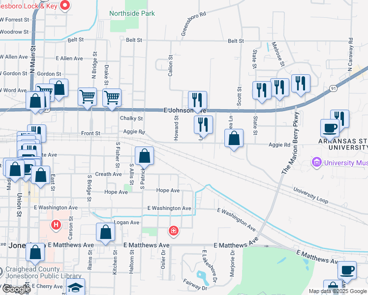 map of restaurants, bars, coffee shops, grocery stores, and more near 1215 Aggie Road in Jonesboro