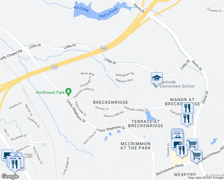map of restaurants, bars, coffee shops, grocery stores, and more near 204 Bradson Road in Morrisville