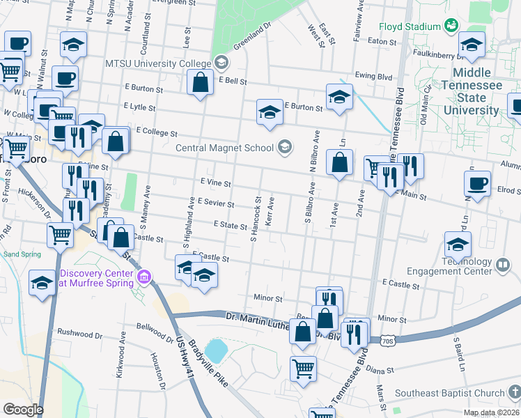 map of restaurants, bars, coffee shops, grocery stores, and more near 302 South Hancock Street in Murfreesboro