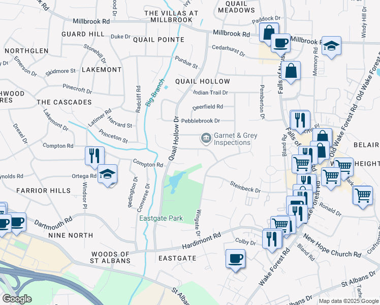 map of restaurants, bars, coffee shops, grocery stores, and more near 912 Thoreau Drive in Raleigh