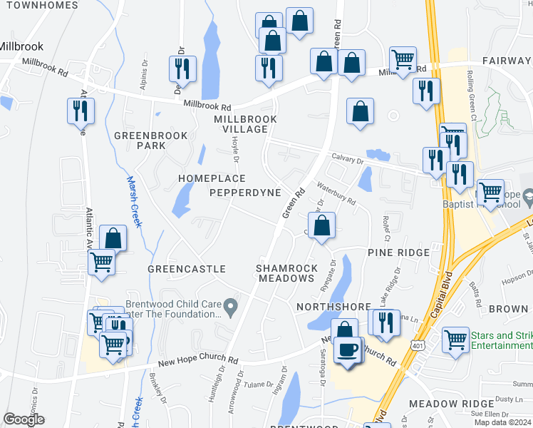 map of restaurants, bars, coffee shops, grocery stores, and more near 4608 Kilcullen Drive in Raleigh