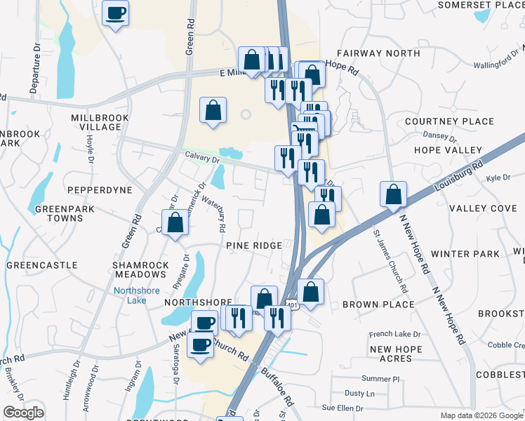 map of restaurants, bars, coffee shops, grocery stores, and more near 4426 Lake Ridge Drive in Raleigh