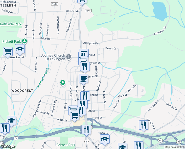 map of restaurants, bars, coffee shops, grocery stores, and more near 9 Conrad Street in Lexington
