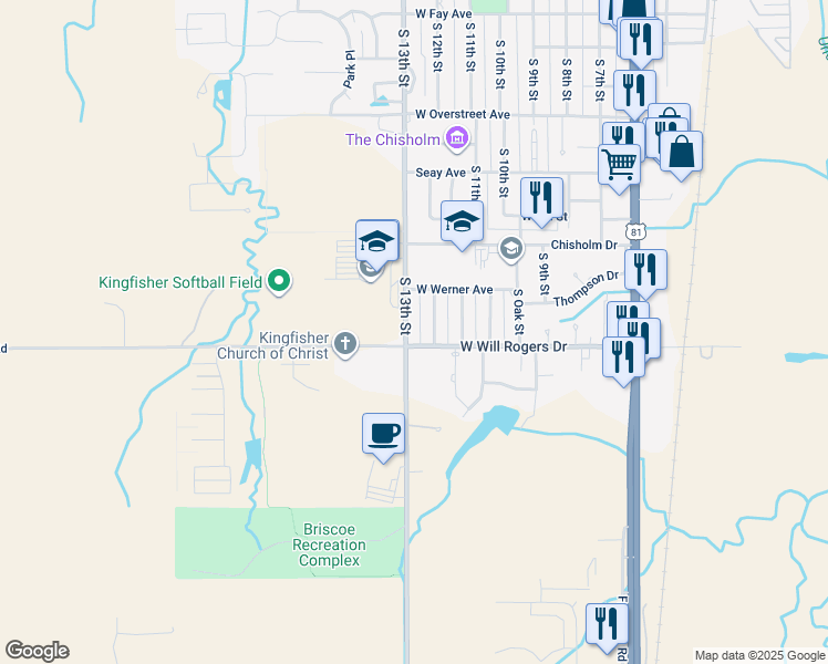 map of restaurants, bars, coffee shops, grocery stores, and more near 1513 South 13th Street in Kingfisher