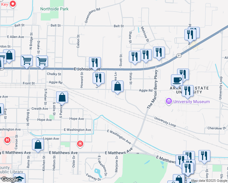 map of restaurants, bars, coffee shops, grocery stores, and more near 1515 Aggie Road in Jonesboro