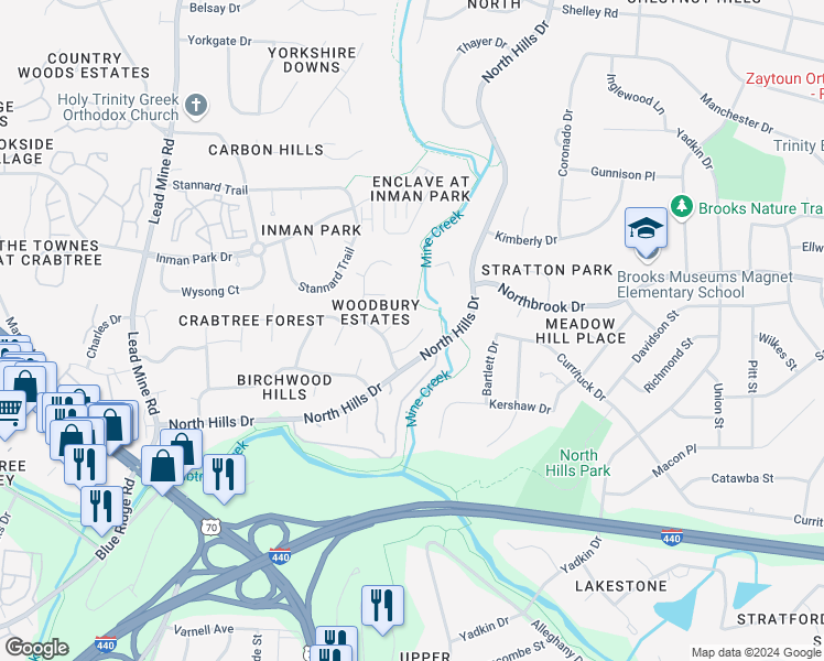 map of restaurants, bars, coffee shops, grocery stores, and more near 4513 Wenchelsea Place in Raleigh