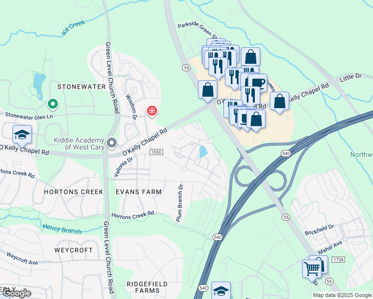 map of restaurants, bars, coffee shops, grocery stores, and more near 2110 Alston Avenue in Cary