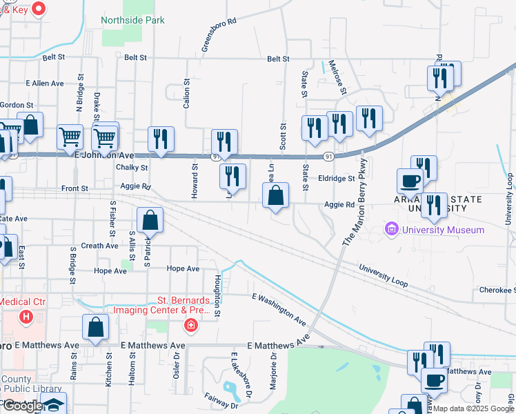 map of restaurants, bars, coffee shops, grocery stores, and more near 98 North Rogers Street in Jonesboro