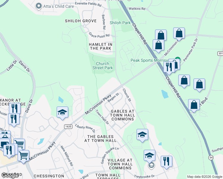 map of restaurants, bars, coffee shops, grocery stores, and more near 5804 McCrimmon Parkway in Morrisville
