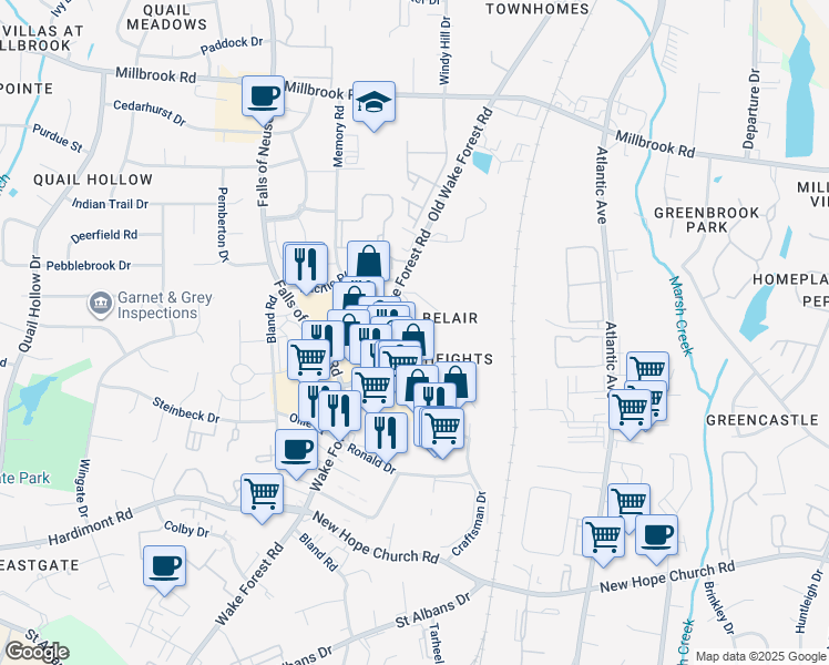 map of restaurants, bars, coffee shops, grocery stores, and more near 1617 Honeysuckle Road in Raleigh