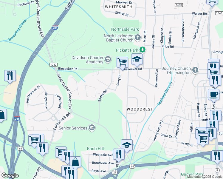 map of restaurants, bars, coffee shops, grocery stores, and more near Douglas Drive in Lexington