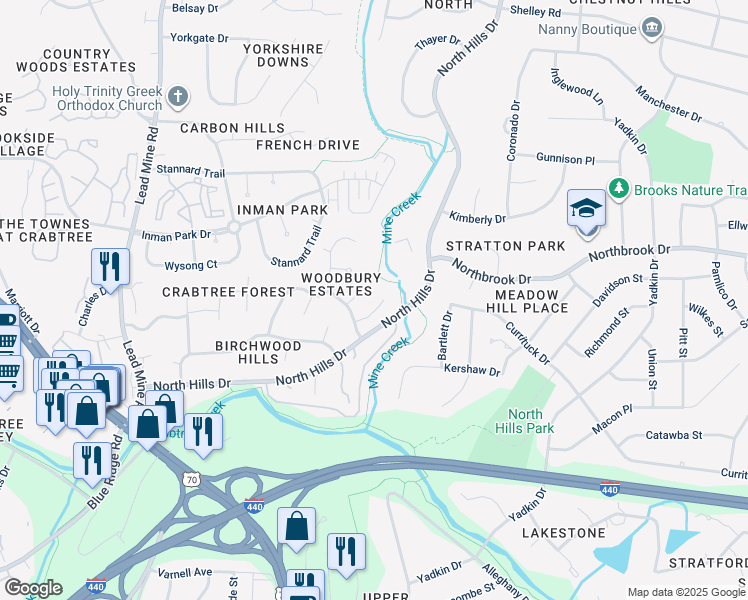map of restaurants, bars, coffee shops, grocery stores, and more near 4513 Wenchelsea Place in Raleigh