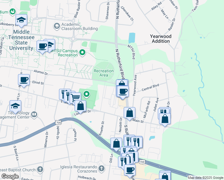 map of restaurants, bars, coffee shops, grocery stores, and more near 283 North Rutherford Boulevard in Murfreesboro