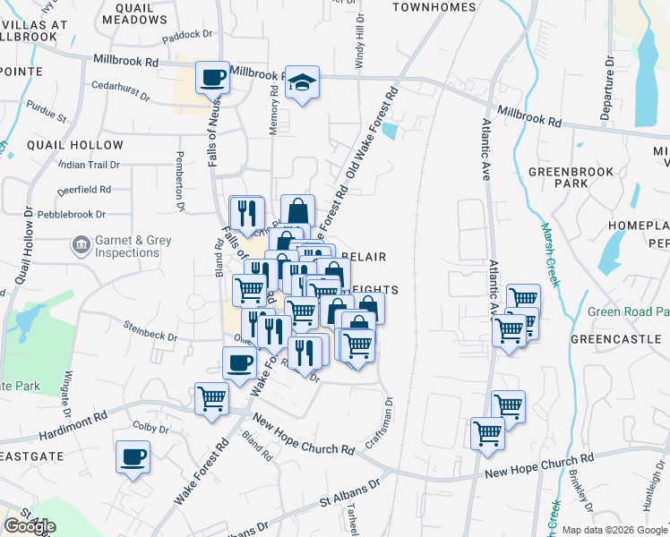 map of restaurants, bars, coffee shops, grocery stores, and more near 1617 Honeysuckle Road in Raleigh