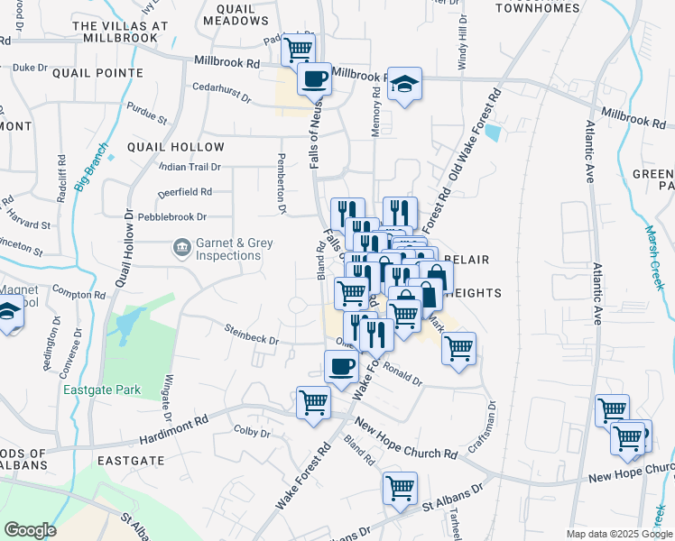 map of restaurants, bars, coffee shops, grocery stores, and more near 4505 Falls of Neuse Rd in Raleigh