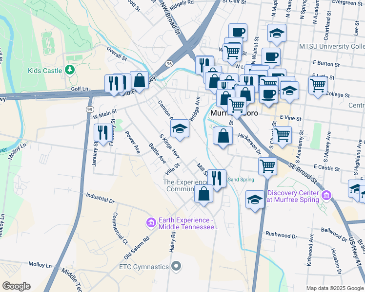 map of restaurants, bars, coffee shops, grocery stores, and more near 221 Bridge Avenue in Murfreesboro