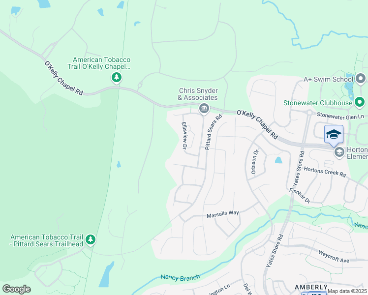 map of restaurants, bars, coffee shops, grocery stores, and more near 208 Ellisview Drive in Cary