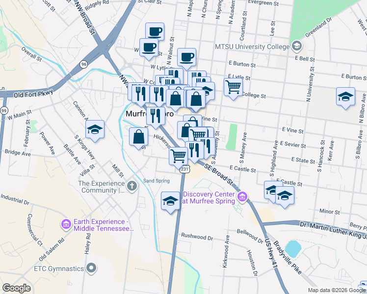map of restaurants, bars, coffee shops, grocery stores, and more near 102 Northwest Broad Street in Murfreesboro