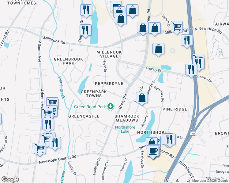 map of restaurants, bars, coffee shops, grocery stores, and more near 4608 Kilcullen Drive in Raleigh