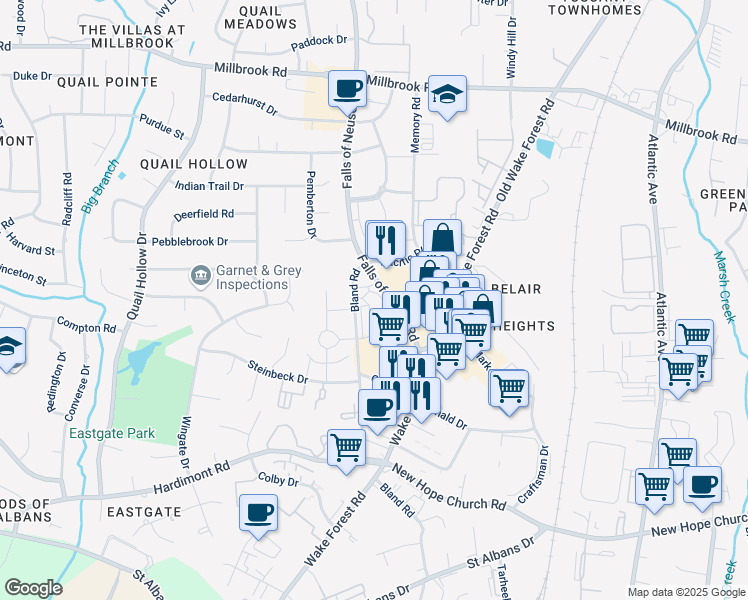 map of restaurants, bars, coffee shops, grocery stores, and more near 4505 Falls of Neuse Rd in Raleigh
