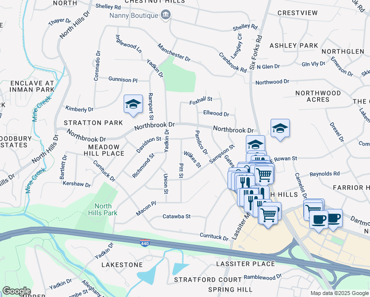 map of restaurants, bars, coffee shops, grocery stores, and more near 4516 Wilkes Street in Raleigh