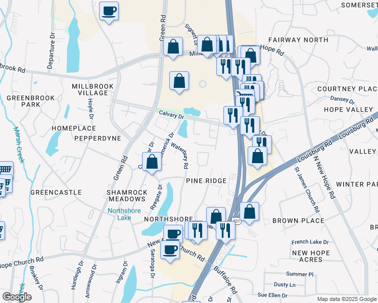 map of restaurants, bars, coffee shops, grocery stores, and more near 4600 Waterbury Road in Raleigh
