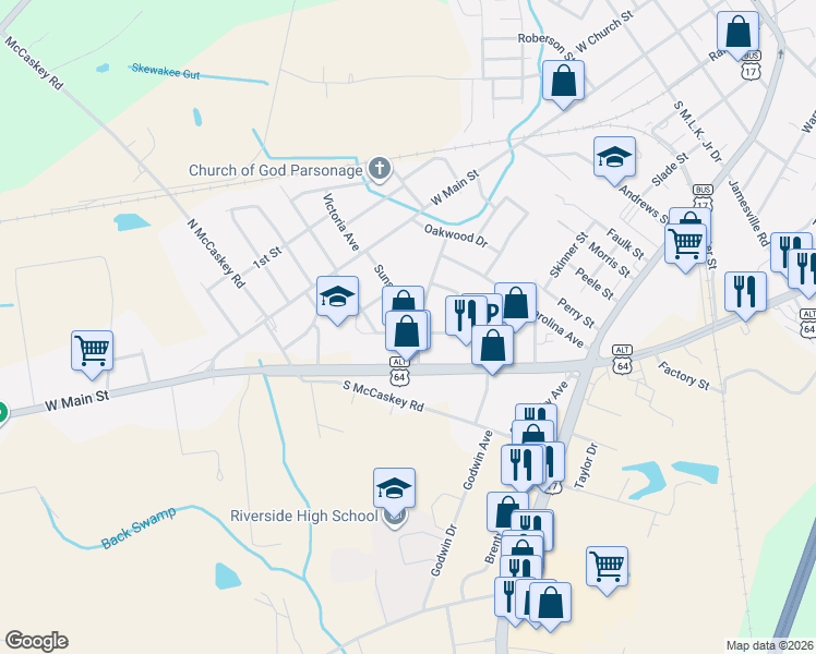 map of restaurants, bars, coffee shops, grocery stores, and more near 100 Martin Ave in Williamston