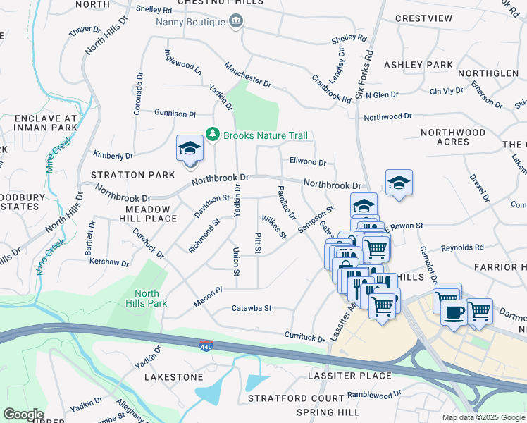 map of restaurants, bars, coffee shops, grocery stores, and more near 4516 Wilkes Street in Raleigh