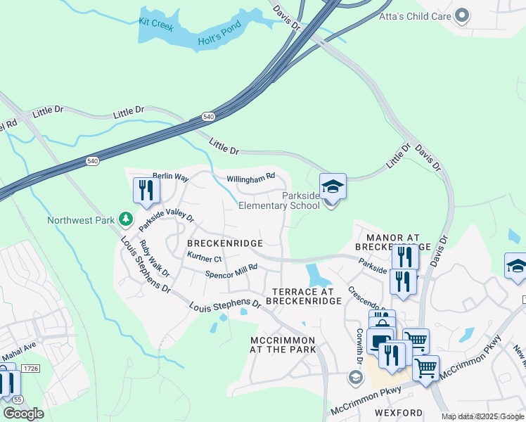 map of restaurants, bars, coffee shops, grocery stores, and more near 110 Huntersville Road in Morrisville