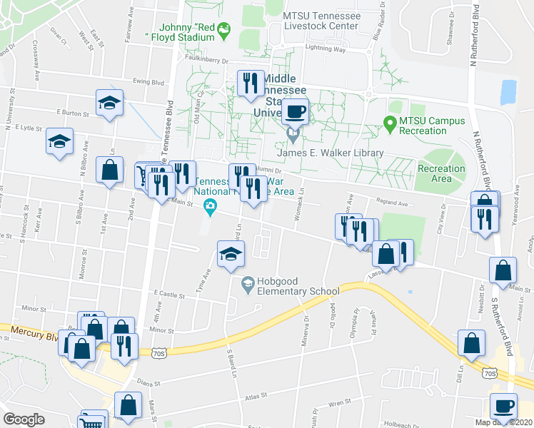 map of restaurants, bars, coffee shops, grocery stores, and more near 1601 East Main Street in Murfreesboro