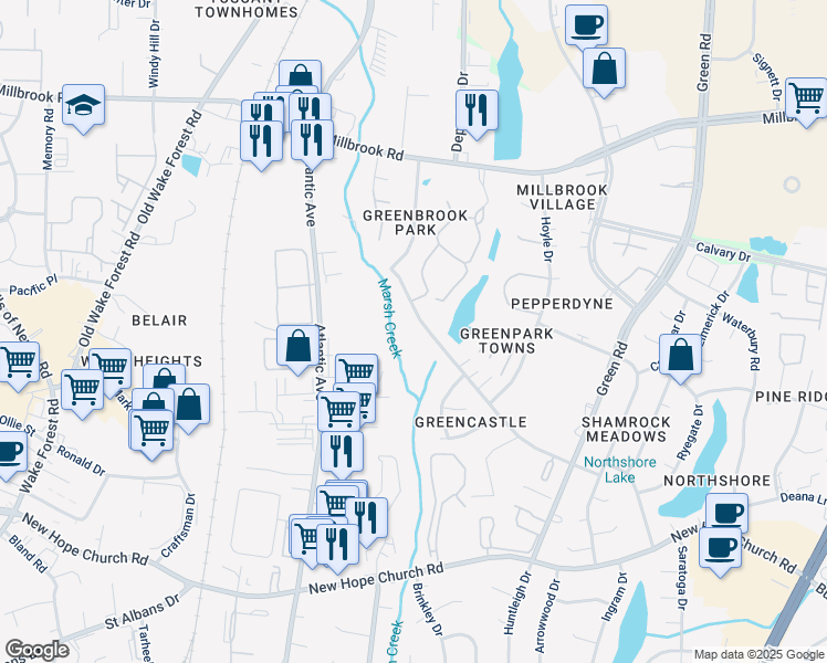 map of restaurants, bars, coffee shops, grocery stores, and more near 4601 Brockton Drive in Raleigh