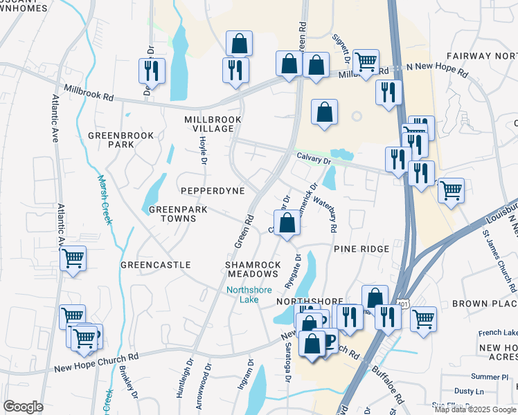 map of restaurants, bars, coffee shops, grocery stores, and more near 2901 Rannock Court in Raleigh