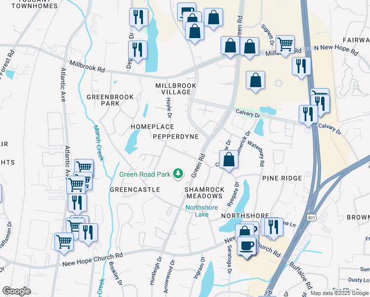 map of restaurants, bars, coffee shops, grocery stores, and more near 4616 Kilcullen Drive in Raleigh