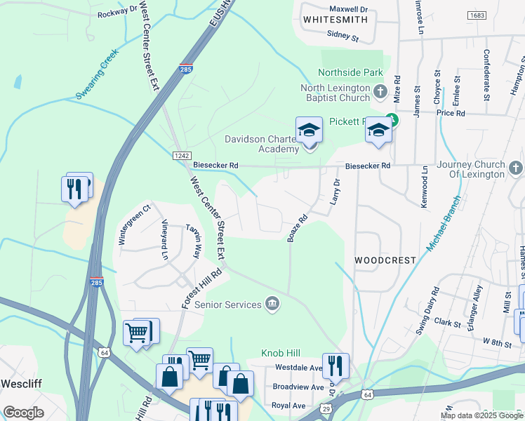 map of restaurants, bars, coffee shops, grocery stores, and more near 135 Pleasant Hills Road in Lexington