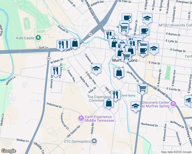 map of restaurants, bars, coffee shops, grocery stores, and more near 221 Bridge Avenue in Murfreesboro