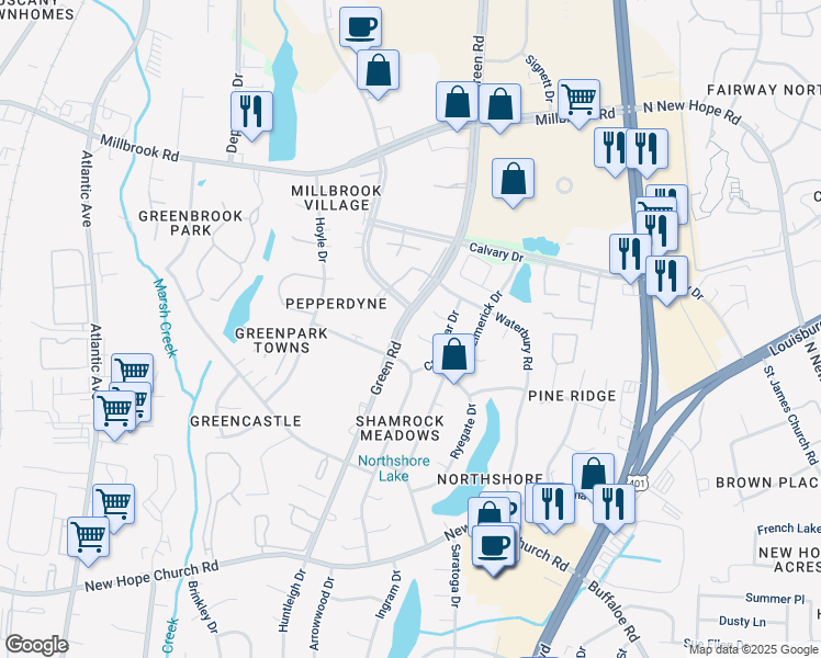 map of restaurants, bars, coffee shops, grocery stores, and more near 2901 Rannock Court in Raleigh