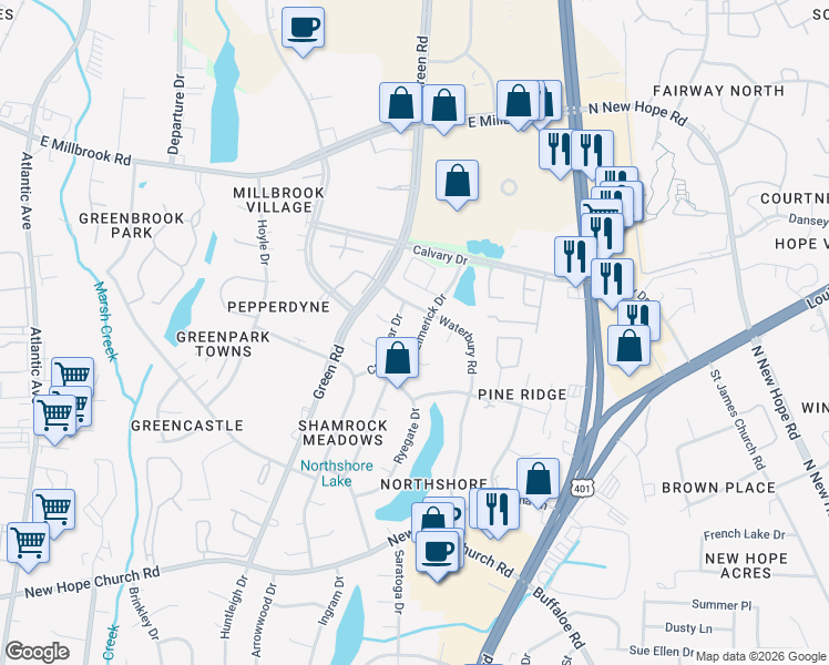 map of restaurants, bars, coffee shops, grocery stores, and more near 4608 Limerick Drive in Raleigh
