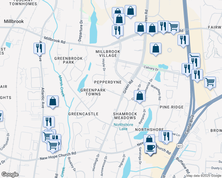map of restaurants, bars, coffee shops, grocery stores, and more near 4608 Kilcullen Drive in Raleigh