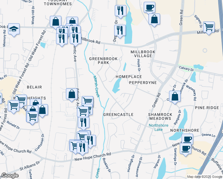 map of restaurants, bars, coffee shops, grocery stores, and more near 4551 Brockton Drive in Raleigh