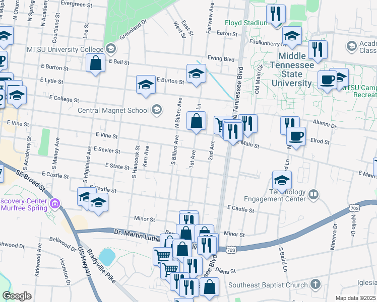 map of restaurants, bars, coffee shops, grocery stores, and more near 206 1st Avenue in Murfreesboro