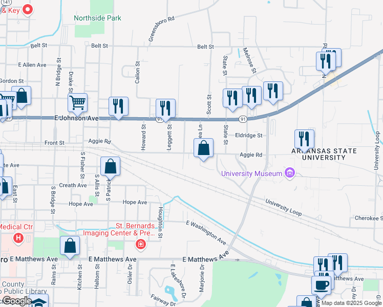 map of restaurants, bars, coffee shops, grocery stores, and more near 98 North Rogers Street in Jonesboro