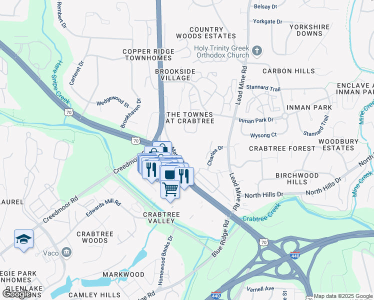map of restaurants, bars, coffee shops, grocery stores, and more near 4500 Marriott Drive in Raleigh