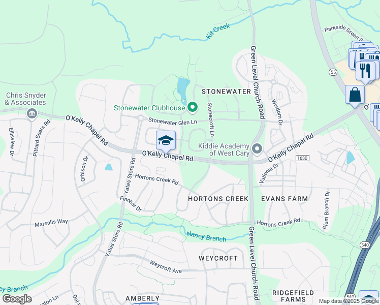 map of restaurants, bars, coffee shops, grocery stores, and more near 463 Panorama Park Place in Cary