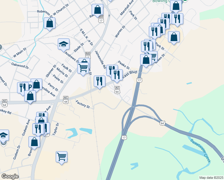 map of restaurants, bars, coffee shops, grocery stores, and more near 317 East Boulevard in Williamston